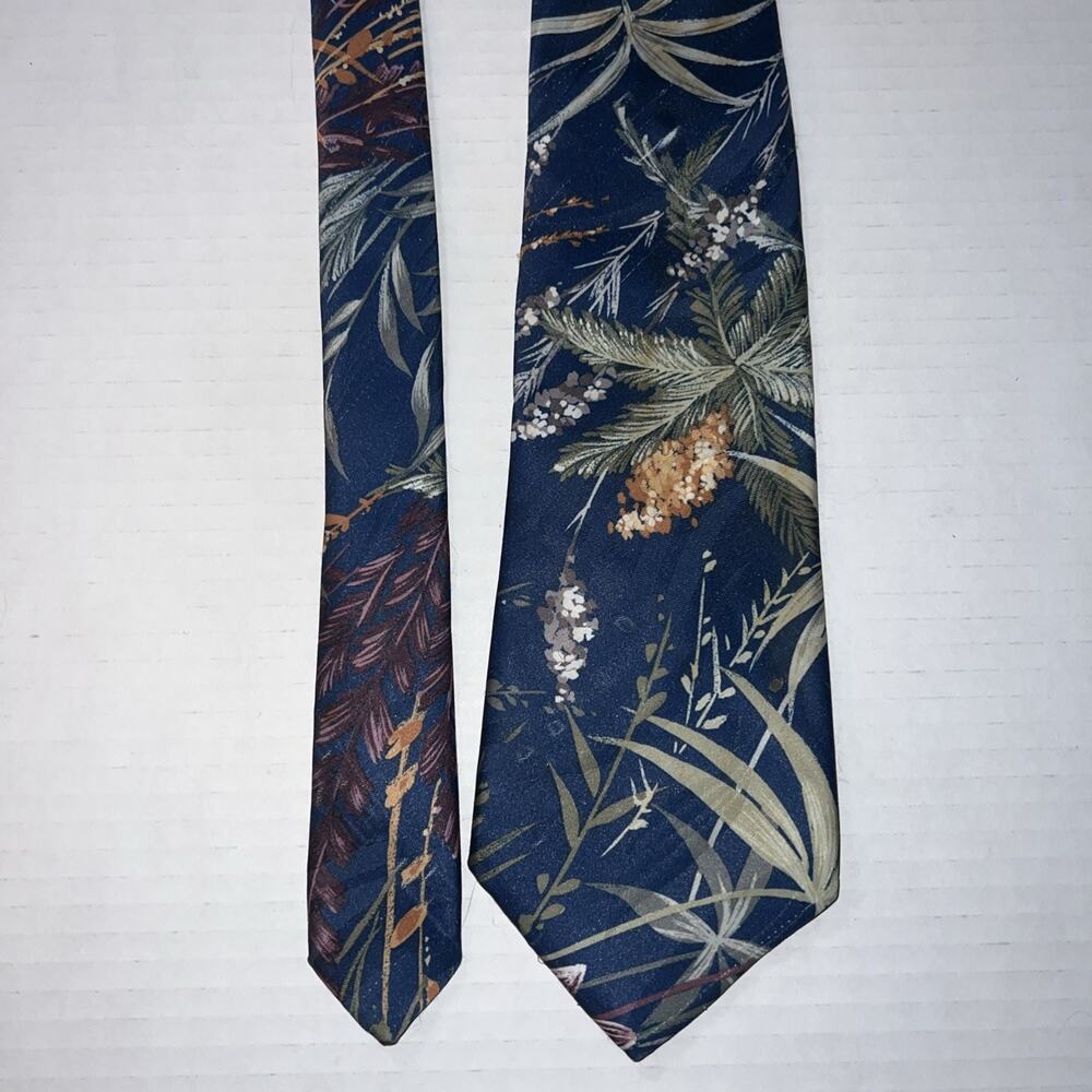 Vintage Duke Tie Mens Blue Teal Tropical Leaf Palm Fern Print Made In USA 90s